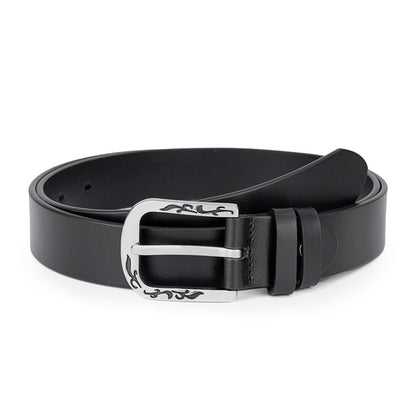 Women's Slim Black Leather Belt Loosely Coiled with Engraved Floral Silver D-Buckle – Avenue