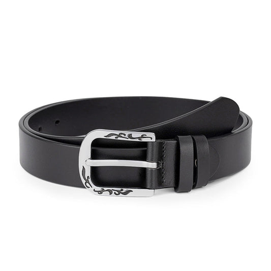 Women's Slim Black Leather Belt Loosely Coiled with Engraved Floral Silver D-Buckle – Avenue
