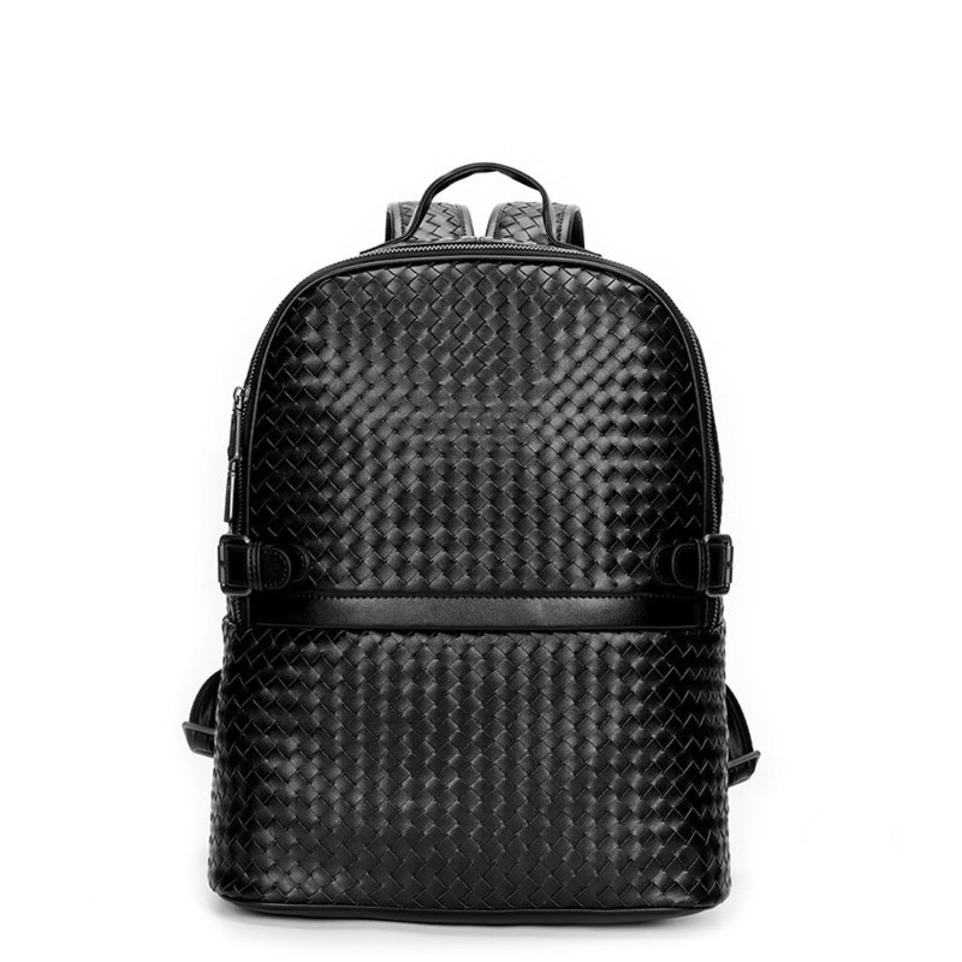 Black braided leather backpack for men – front view with zipper closure and buckle straps | Avenue