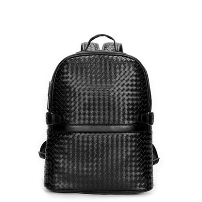 Black braided leather backpack for men – front view with zipper closure and buckle straps | Avenue