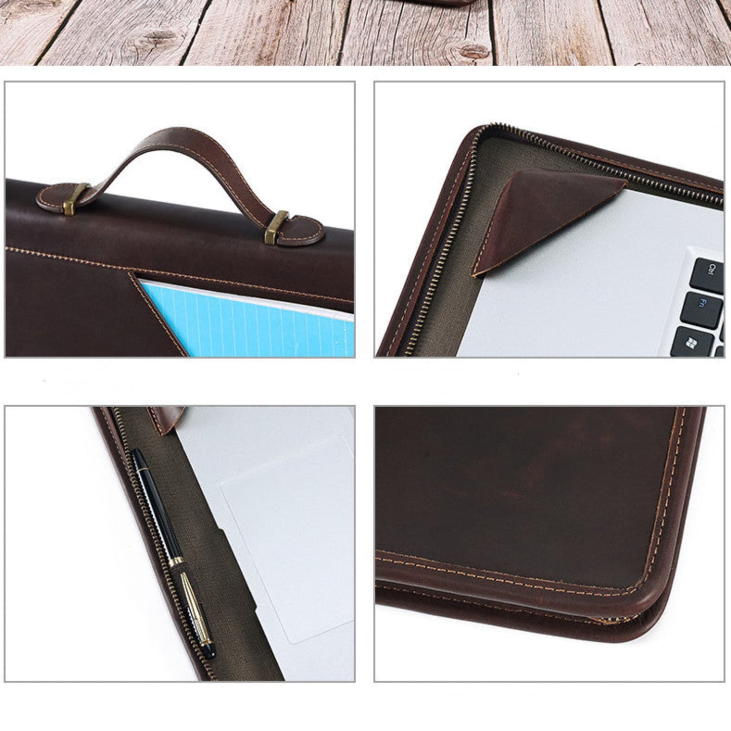 Avenue Crazy Horse Leather Laptop Bag – 14 Inch Vintage Briefcase Handbag in Coffee, detail collage showing brass handle hardware, laptop fit, pen slot with zipper, and leather corner stitching