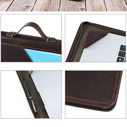 Avenue Crazy Horse Leather Laptop Bag – 14 Inch Vintage Briefcase Handbag in Coffee, detail collage showing brass handle hardware, laptop fit, pen slot with zipper, and leather corner stitching