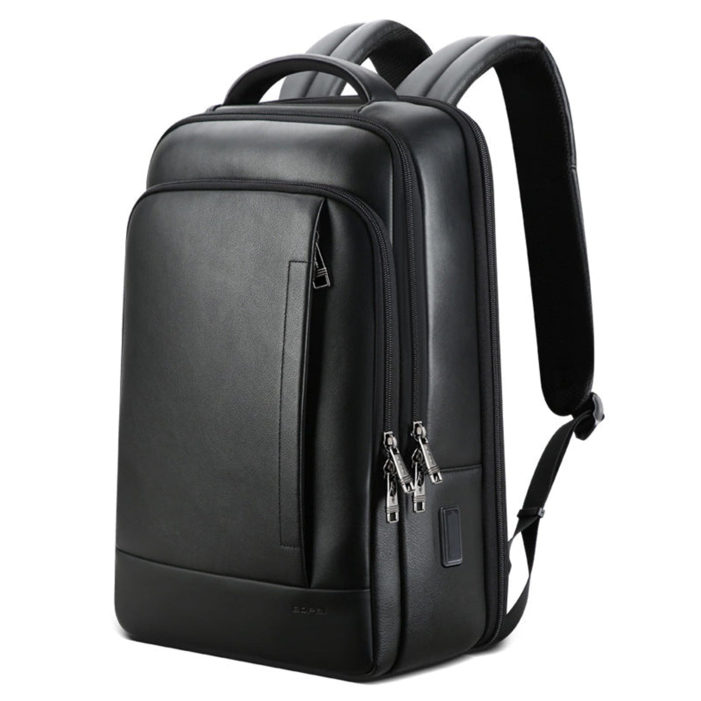 Men's full grain black cowhide leather laptop backpack side zipper view | Avenue