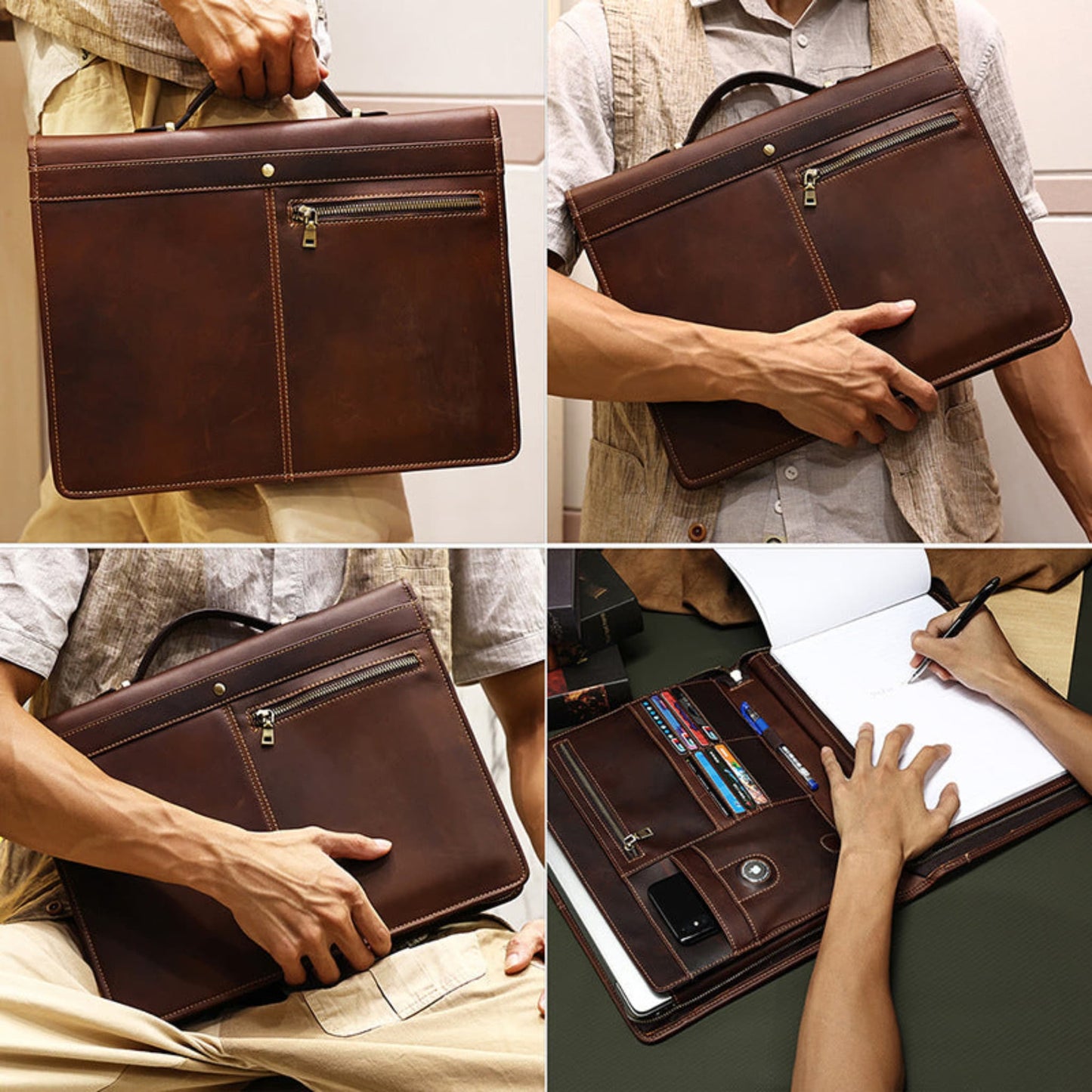 Avenue Men's Crazy Horse Leather Laptop Briefcase 13.3 Inch — Four Panel Lifestyle View Showing Front, Side, and Interior with Writing Pad, Card Slots and Phone Pocket in Coffee Brown