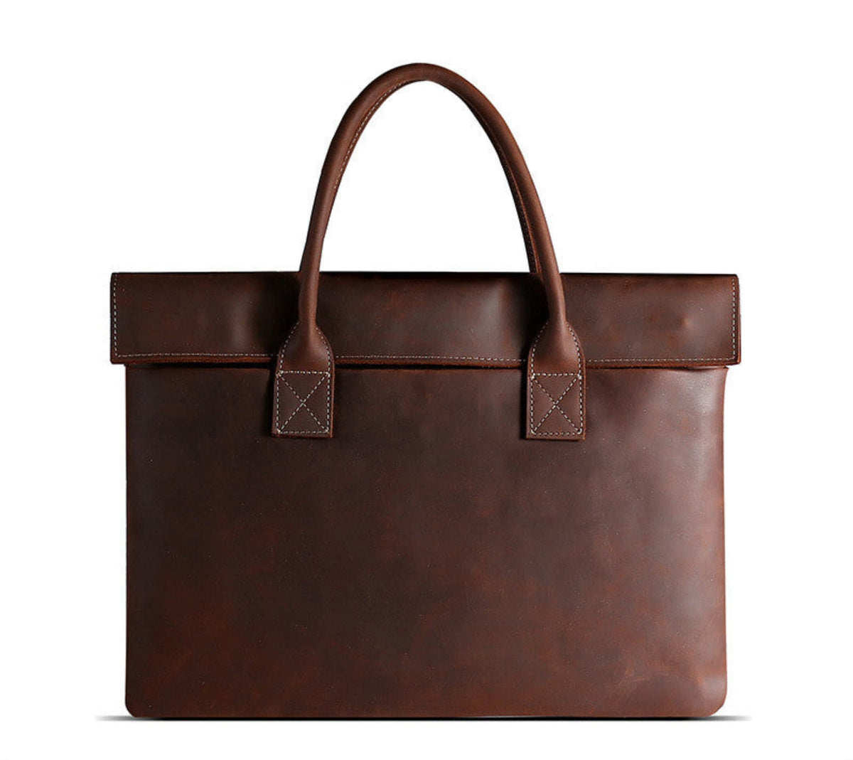 Avenue Vintage Crazy Horse Leather Briefcase – 15 Inch Laptop Bag for Men & Women, Brown crazy horse cowhide, front view showing top handle, cover closure and structured body on white background