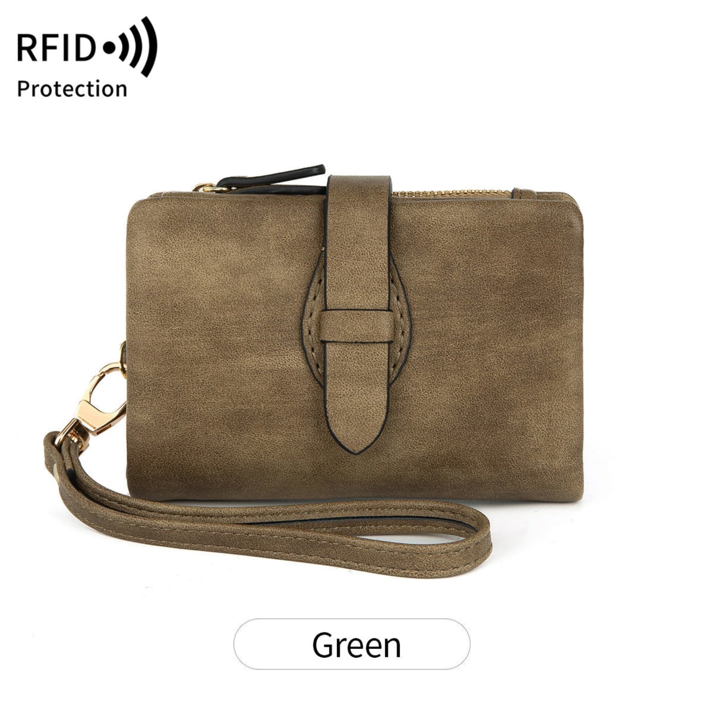 Women's  army green RFID PU leather wallet with wrist strap – Avenue