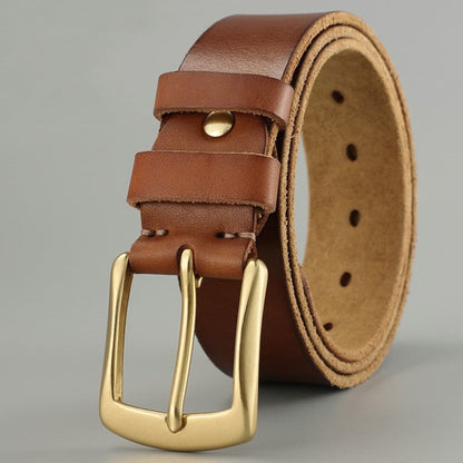 Avenue Men's Handmade Cowhide Leather Belt in Khaki — Rugged Artisan Character with Gold Pin Buckle, Coiled View on Grey Background