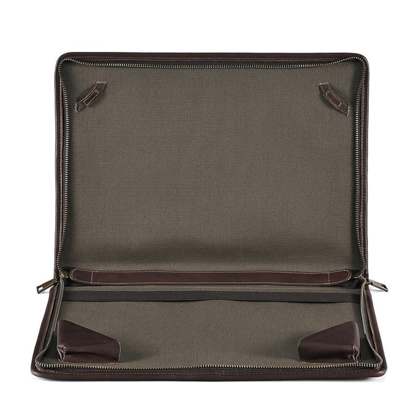 Avenue Crazy Horse Leather Laptop Bag – 14 Inch Vintage Briefcase Handbag in Coffee, interior view showing padded fabric lining, laptop sleeve, and corner protectors