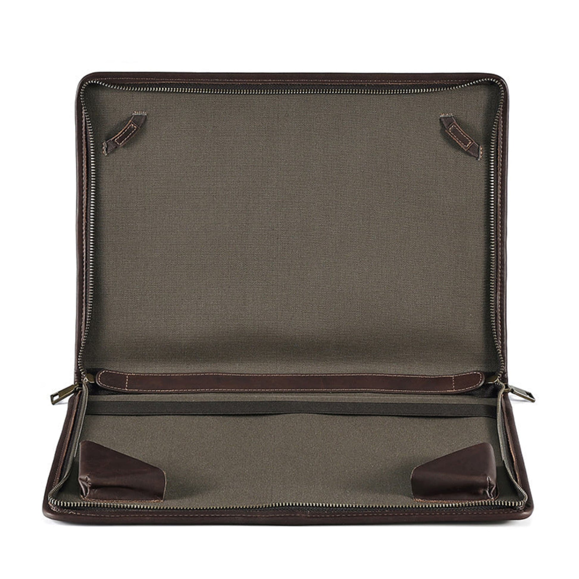 Avenue Crazy Horse Leather Laptop Bag – 14 Inch Vintage Briefcase Handbag in Coffee, interior view showing padded fabric lining, laptop sleeve, and corner protectors