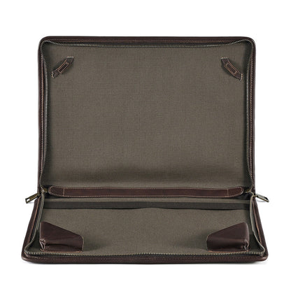 Avenue Crazy Horse Leather Laptop Bag – 14 Inch Vintage Briefcase Handbag in Coffee, interior view showing padded fabric lining, laptop sleeve, and corner protectors