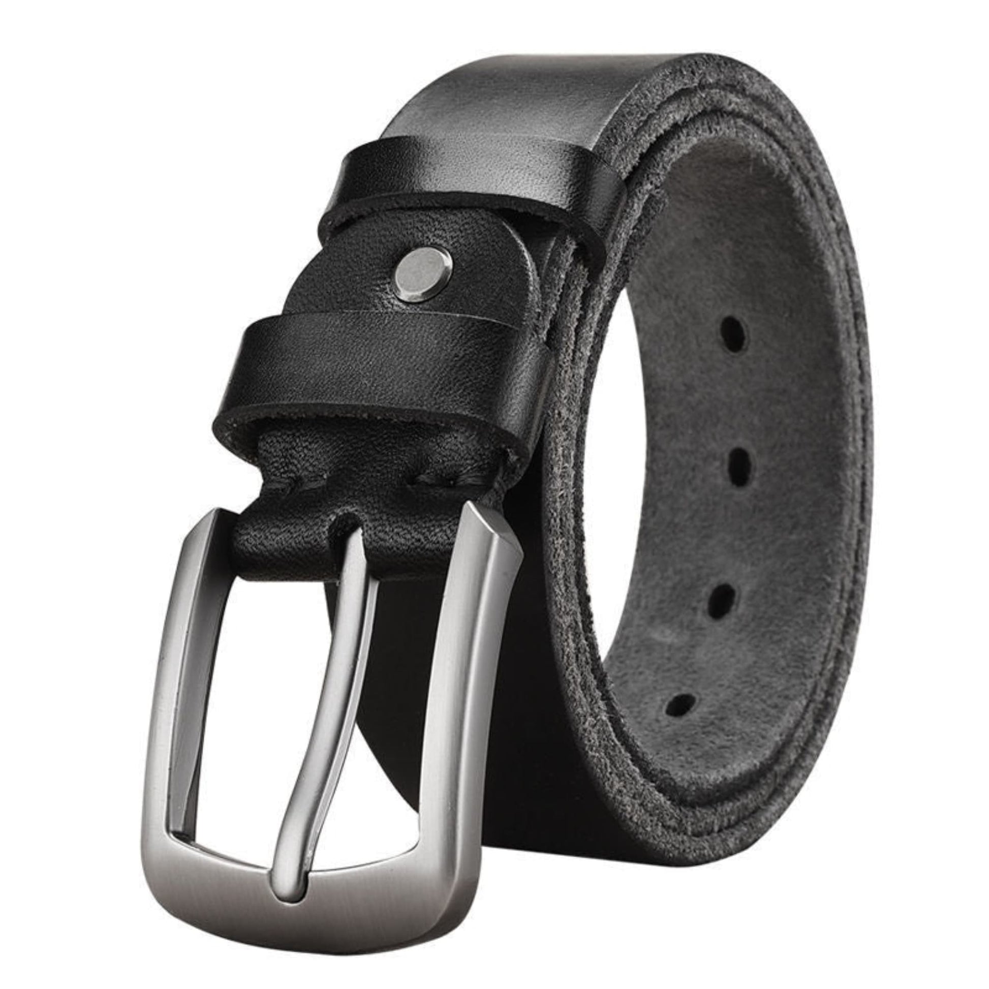 Premium Genuine Leather Pin Buckle Belt for Men in Black— coiled view showing outer grain leather, inner suede texture, and silver pin buckle detail on white background | Avenue