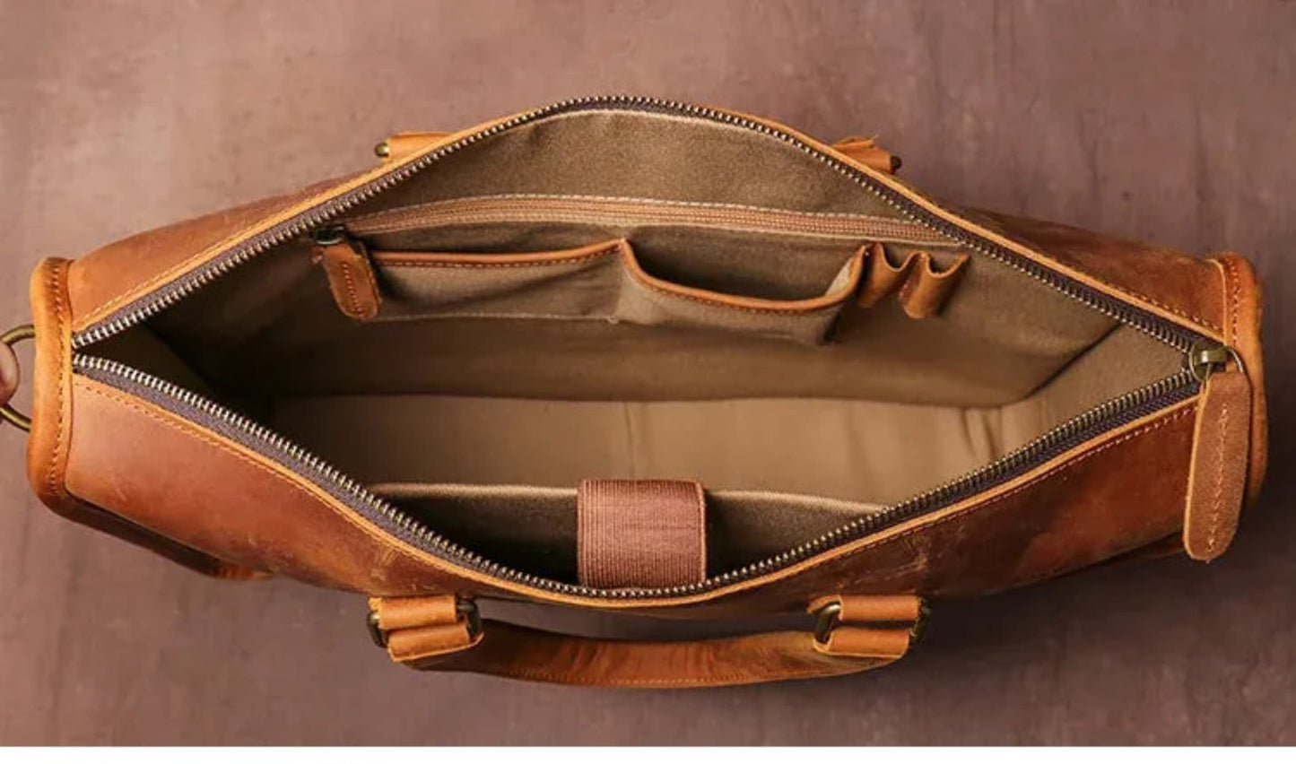 Men's Crazy Horse Leather Briefcase | Vintage Laptop Bag – Vintage Brown Interior View Showing Olive Fabric Lining, Zipper Pocket, Organizer Slots, Antique Brass Zipper and Antique Brass Hooks on Brown Textured Background by Avenue