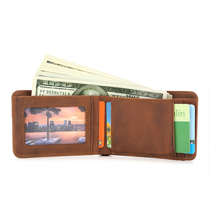 Men's Premium RFID cowhide leather wallet in Earthy yellow interior showing money in compartment, image holder, and cards in slots | Avenue