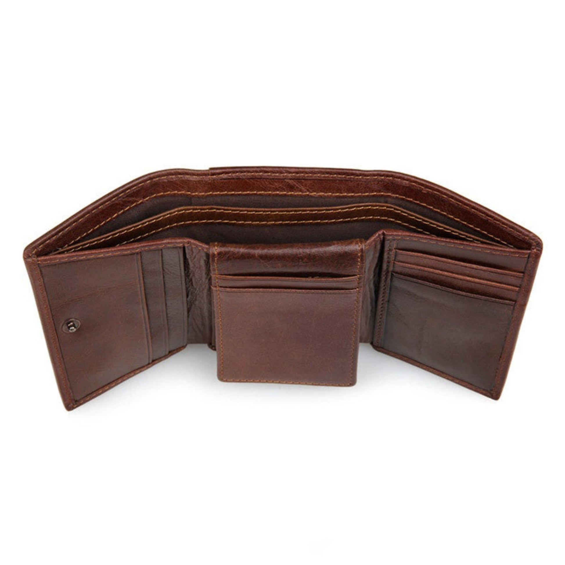 Avenue Men's RFID Blocking Leather Wallet – Retro Anti-Scanning Bifold in Chocolate , open interior view showing card slots, bill compartments and hidden pockets